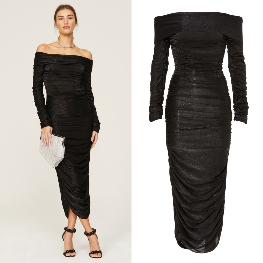 Bronx And Banco Amara Ruched Off The Shoulder Midi Dress Medium Black Sparkle